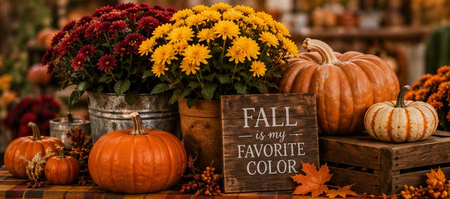 Pumpkins, flowers and fall decorations at a vendor market